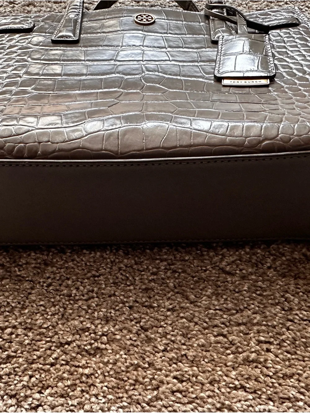 Tory Burch Gray Croc-Embossed Satchel with Gold Logo, missing long strap